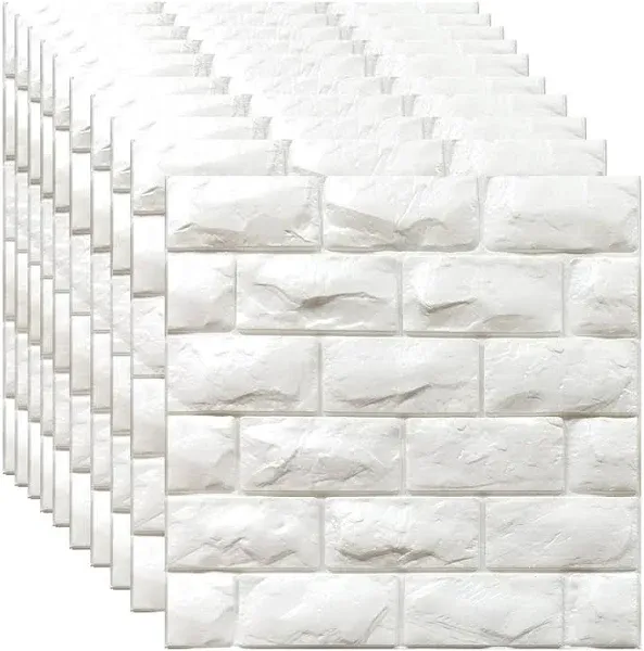 3D Wall Panels Peel and Stick 11PCS White Foam Brick Wallpaper for Bedroom Faux Stone Wall Panel Self-Adhesive Wallpaper (11PCS-10.65 Sq Ft, White)