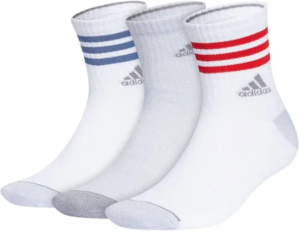 adidas Men's 3-Stripe High Quarter Socks with Arch Compression (3-Pair), White/Better Scarlet/Crew Blue, Large