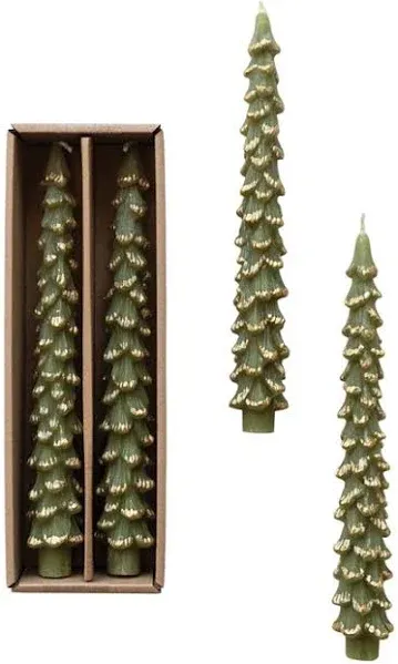 Large Forest Green Unscented Tree Shaped Taper Candles, Set of 2