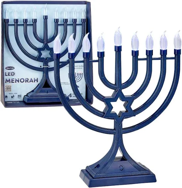 LED Electric Blue Hanukkah Menorah with Special Effects - Battery/USB Powered, Star of David, 4 Lighting/Blinking Modes, Large LED Bulbs, Chanukah Traditional Electric Menorahs - Navy Blue