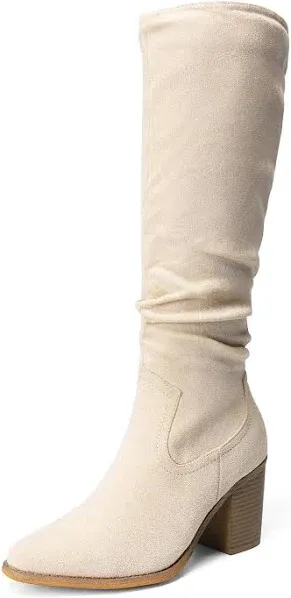 DREAM PAIRS Women's Knee-High Boots, Comfortable Chunky Block Heel Pointed Toe Pull On Side Zipper Suede Slouch Riding Boots