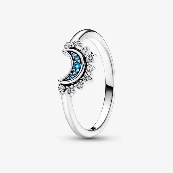 Pandora Celestial Blue Sparkling Moon Sterling Silver Ring