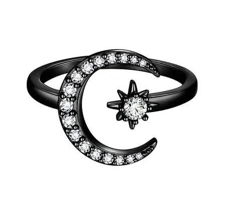 beautlace Star and Moon Adjustable Rings 18K Gold/Silver/Black Gun Plated Crescent Moon Stars Open Ring Jewelry for Women KR0032