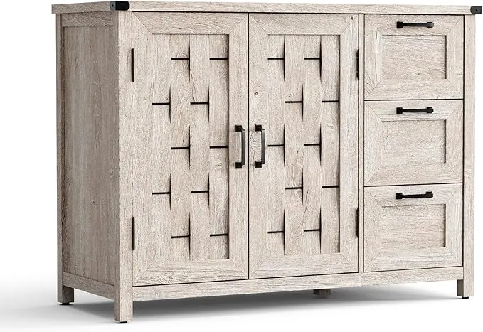 LINSY Sideboard Buffet Cabinet, 43" W Farmhouse Storage Cabinet with Drawers and Shelves, Gray