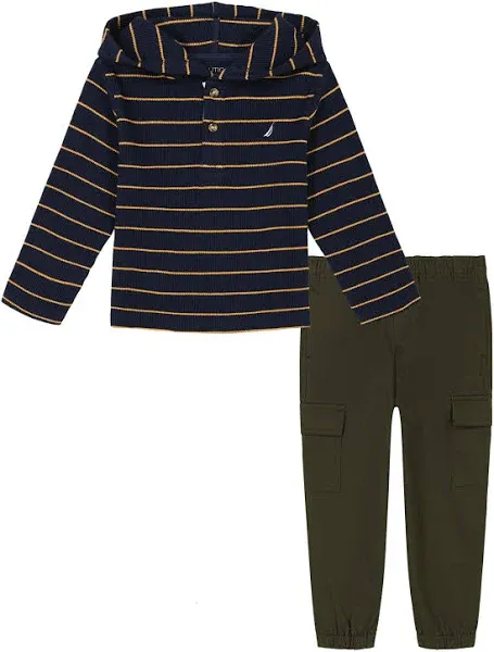 Nautica Toddler Boy Long Sleeve Hooded Henley Striped Thermal Top Twill Cargo Joggers Set