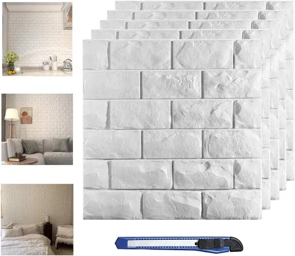 11 Pcs 3D Wall Panels, White Brick Printable 3D Wallpaper Stick and Peel, Self Adhesive Waterproof Foam Faux Brick Paneling for Bedroom, Bathroom, Kitchen, Fireplace (12.5 sq feet Coverage)