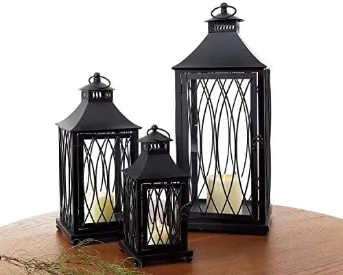 Melrose International lantern (set of 3) 11.5&#034;h,16&#034;h,24<wbr/>&#034;h metal/glass - Black