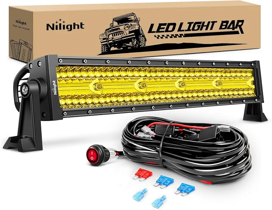 Nilight Amber LED Light Bar 22inch 480W Triple Row Flood Spot Combo Waterproof Off Road Driving Lighting with Off-Road Wiring Harness for Boat