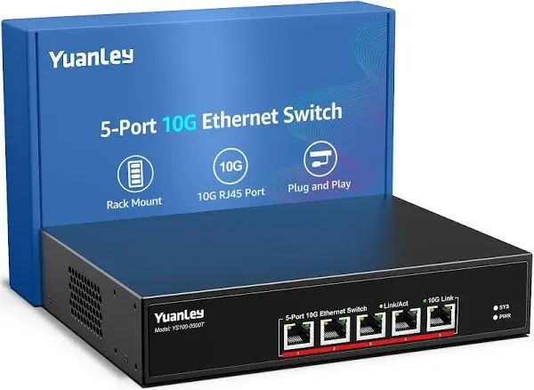 YuanLey 5 Port 10G Ethernet Switch, 5 x 10Gbps RJ45 Ports, Support 10G/5G/2.5G/1G/100Mbps Speed Auto-Negotiation, 100Gbps Switching Capacity, Unmanaged Switch Rackmountable, Plug and Play