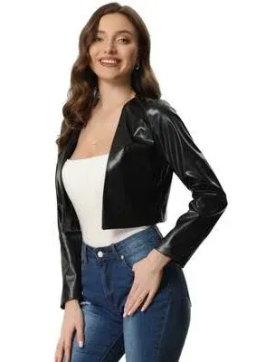 Allegra K Women's Cropped Jacket Faux PU Leather Long Sleeve Coat