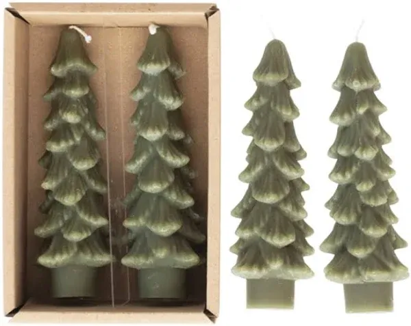 Creative Co-op  Tree Christmas Candles Dark Green Color Set  Lot Of 3 