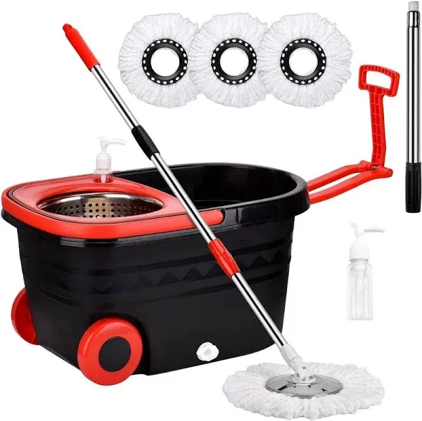 Roixeeds Spin Mop and Bucket with Wringer Set On Wheels 360° Spinning Mop Bucket System with 3 Microfiber Replacement Heads