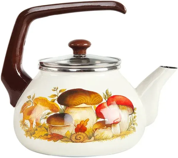 Enameled Aluminum Tea Kettle Mushrooms Enamel Kettle 2.3-qt. (2.2 L) Hot Water TeaKettle pot for Stovetop Teapot Ideal for Camping