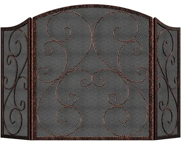 Fire Beauty Fireplace Screen 3 Panel Wrought Iron Black Metal 48 inch(l) x30(H) Spark Guard Cover(Brushed Copper), Bronze