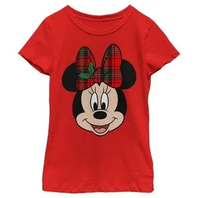 Mickey & Friends Girl's Christmas Minnie Mouse Holly Plaid Bow T-Shirt