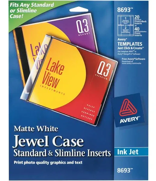 Avery Jewel Case Standard & Slimline Inserts Matte, 20 Inserts (8693) | Avery.com