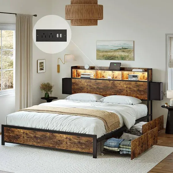 Queen Bed Frame with Bookcase Headboard and 6 Headboard Storage Drawers LED L...