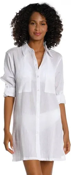 NWT La Blanca White Island Fare Resort Camp Shirt Swim Cover Up Medium yjl2423