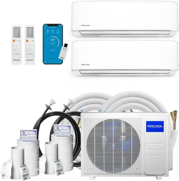 MRCOOL DIY Mini Split - 21,000 BTU 2 Zone Ductless Air Conditioner and Heat Pump with 25 ft. Install Kit, DIYM218HPW01C07