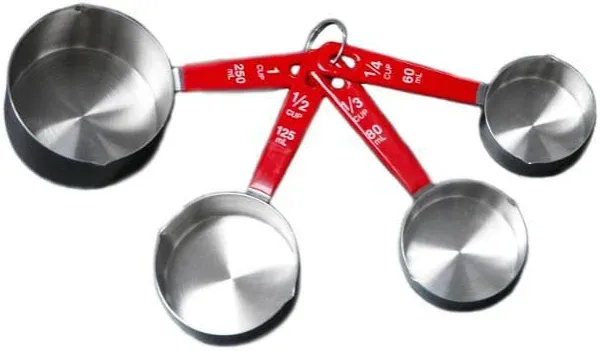 BergHOFF Stainless Steel Set of 4Pc Measuring Cups Round Silver & Red Stackable Hanging Loop