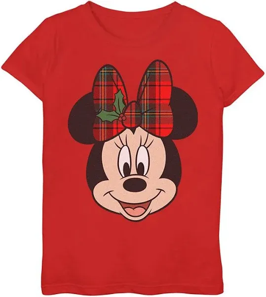 Mickey & Friends Girl's Christmas Minnie Mouse Holly Plaid Bow T-Shirt