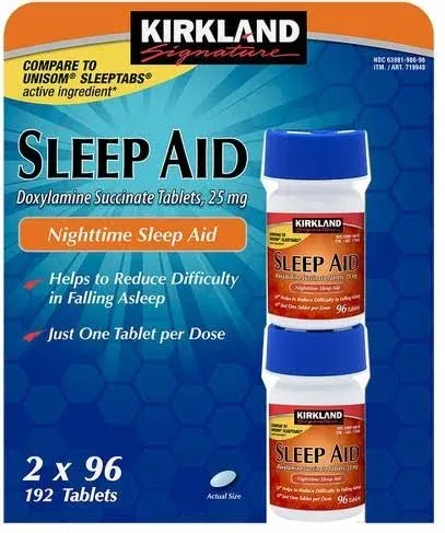 Kirkland Signature Sleep Aid Doxylamine Succinate 25 Mg X Tabs (53201812) No Flavor 96 Count (Pack of 2)