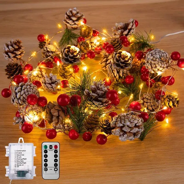 Christmas Garland with Lights 60 LED 9.8 Ft Garland Pine Cones Red Berry Stri...