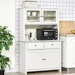 Homcom 63.5" Kitchen Buffet with Hutch, Pantry Storage Cabinet with 4 Shelves, Drawers, Framed Glass Doors, Open Microwave Countertop, Antique White