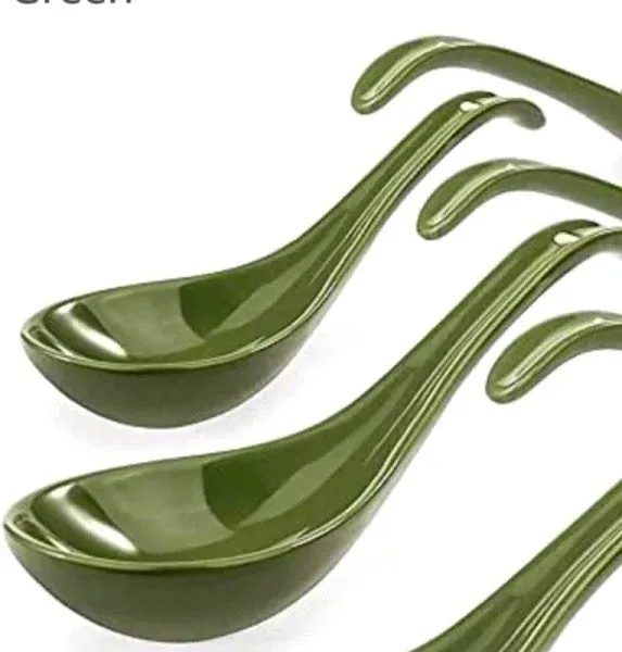 Artena 6.75 inch Solid Asian Soup Spoon Set of 6,Ultra-fine Porcelain Japanese Soup Spoon,Ramen Spoons for Pho Noodles Miso, Chinese Soup Spoons for Dumpling Wonton Cereal, Deep Oval Hook Design-Green