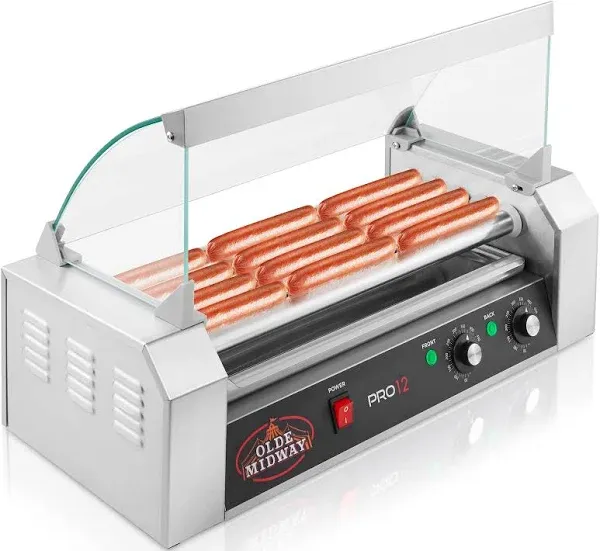 Olde Midway Electric Hot Dog Roller 2-Temperature Controls+Nonst<wbr/>ick+Glass Cover