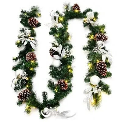 Costway 9ft Pre-Lit Artificial Christmas Garland with Mixed Decorations and LED Lights