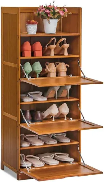 7 Tier Shoe Storage Cabinet, Bamboo Narrow Shoes Sneakers Rack Organizer Stan...