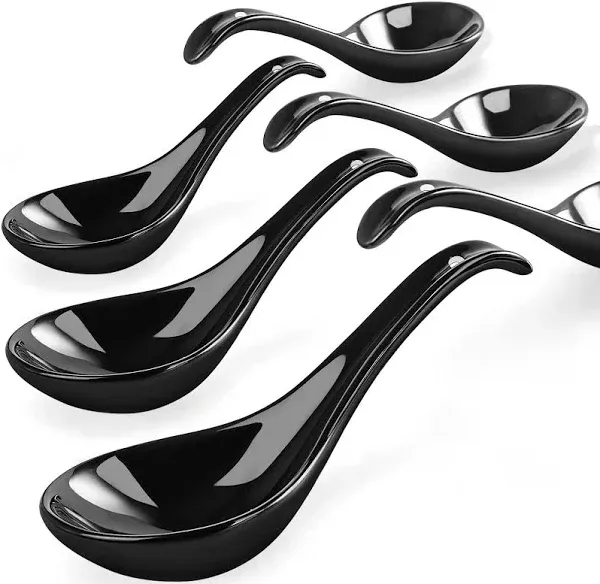 Soup Spoons, Black Ceramic Spoons Set of 6, Chinese Soup Spoons, 6.75 inch Ramen Spoons, Pho Spoons for Cereal, Noodles, Stews, Wonton, Dumpling, Miso, Deep Oval Hook Design, Dishwasher Safe