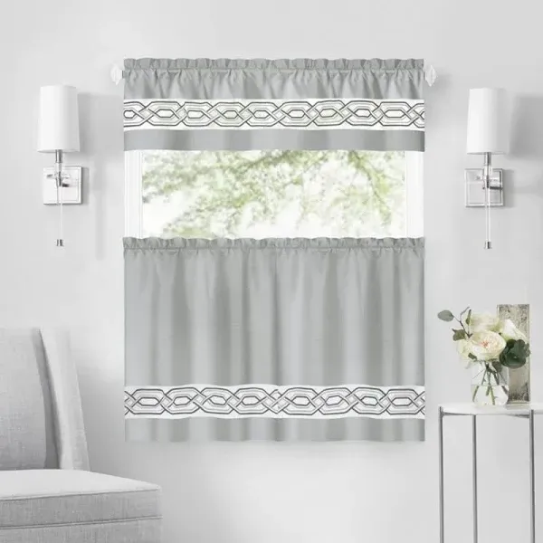 Paige Tier and Valance Window Curtain Set - Complete Ensemble with 58-Inch Width - Silver - 55x36