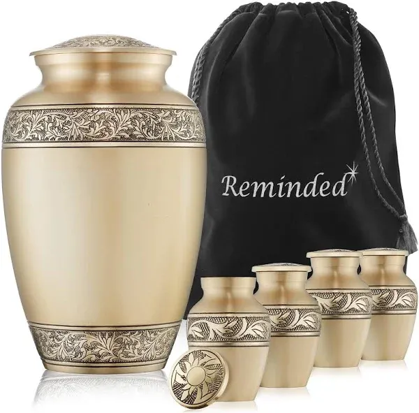 Reminded Set of 5 Floral Cremation Urns for Human Ashes - 1 Adult + 4 Keepsake Token Size, Silver