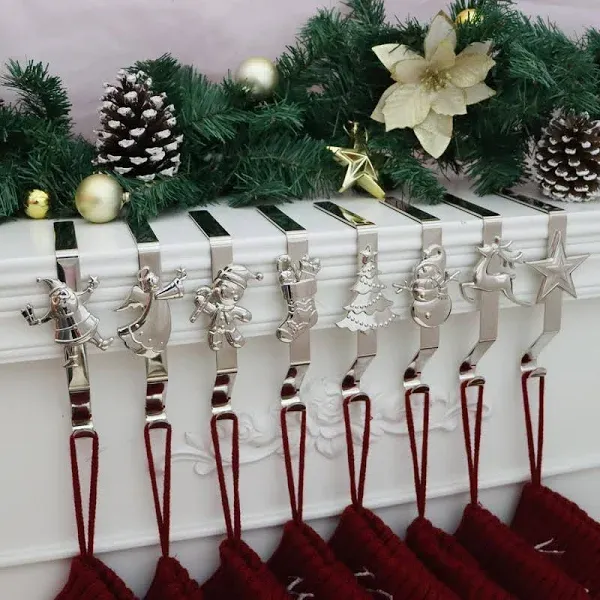 Christmas Stocking Holder for Mantle Set of 8, Reusable Christmas Stocking Hooks, No-Damage Xmas Hanger for Fireplace mantle Grip Stand Christmas Decoration Ornaments Hanging Sliver Shelf Floor