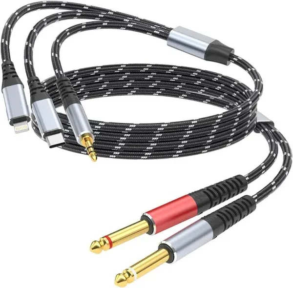 DCNETWORK Lightning to Dual 6.35mm 1/4" TS Mono Stereo Y-Cable Splitter 3-in-1