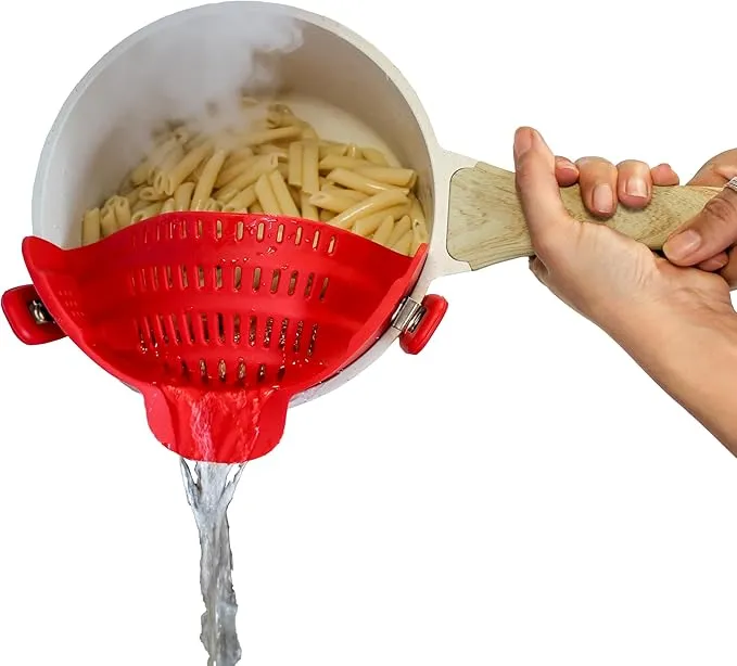 Perfect Pasta Pal Clip-on Strainer for Pots - Universal Fit Silicone Strainer for all Pots and Pans - Space Saving, Dishwasher Safe - Mast-Have Kitchen Gadgets