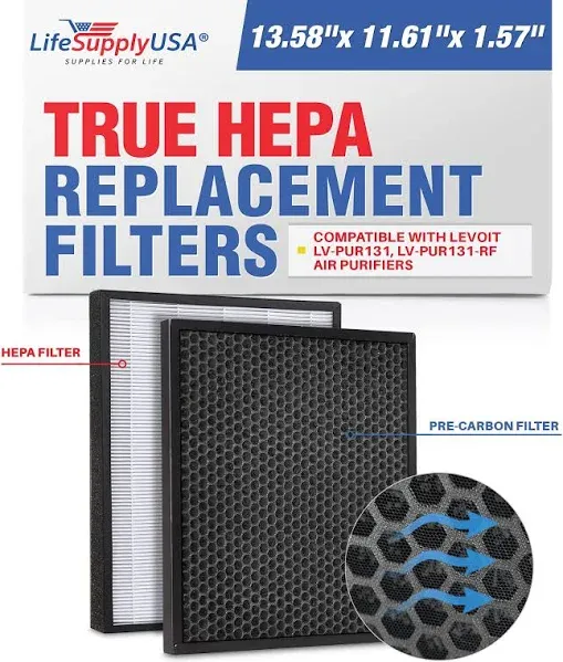 True HEPA Air Cleaner Filter Replacement Set + Activated Carbon Pre-Filter Compatible with Levoit Air Cleaner LV-PUR131, LV-PUR131-RF by LifeSupplyUSA