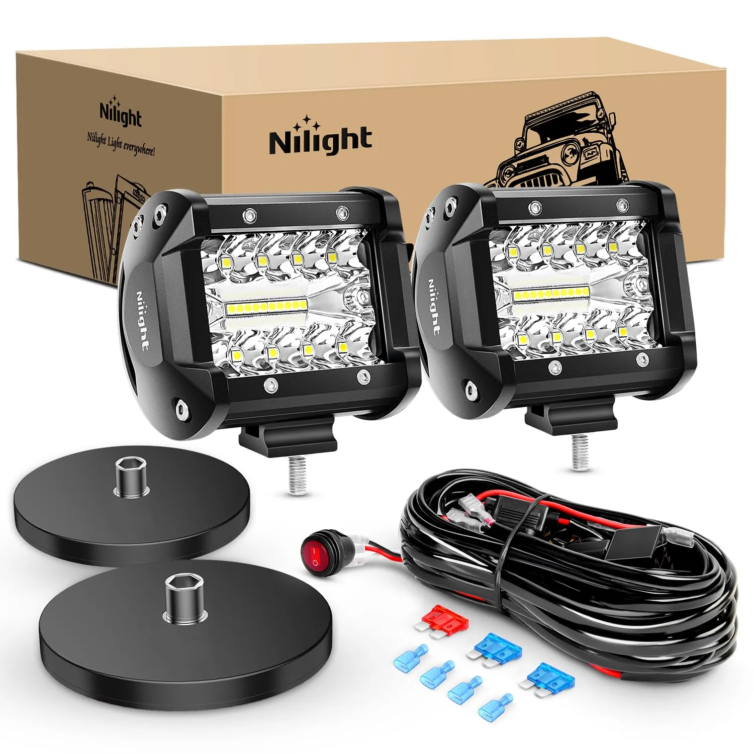 Nilight 2pc 4Inch Triple Row Lights 60W Flood Spot Combo 6000LM Bar Driving Boat LED