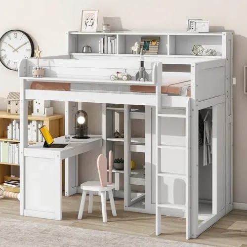 Twin Size Loft Bed with Wardrobe, Desk, and Storage by Harper &amp; Bright Designs in White Finish