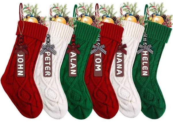 6 PACK Christmas Stockings,18 In Large Cable Knitted Stocking Personalized