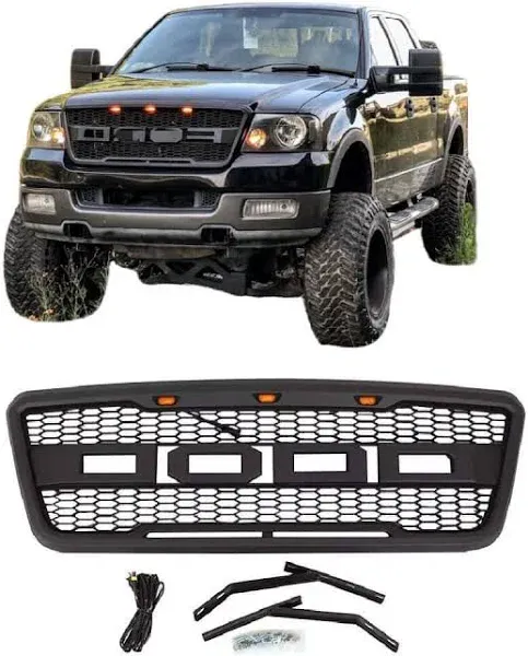 For 2004-2008 Ford F150 Grill Raptor Style Front Grille Black W/Lights &amp; Letters