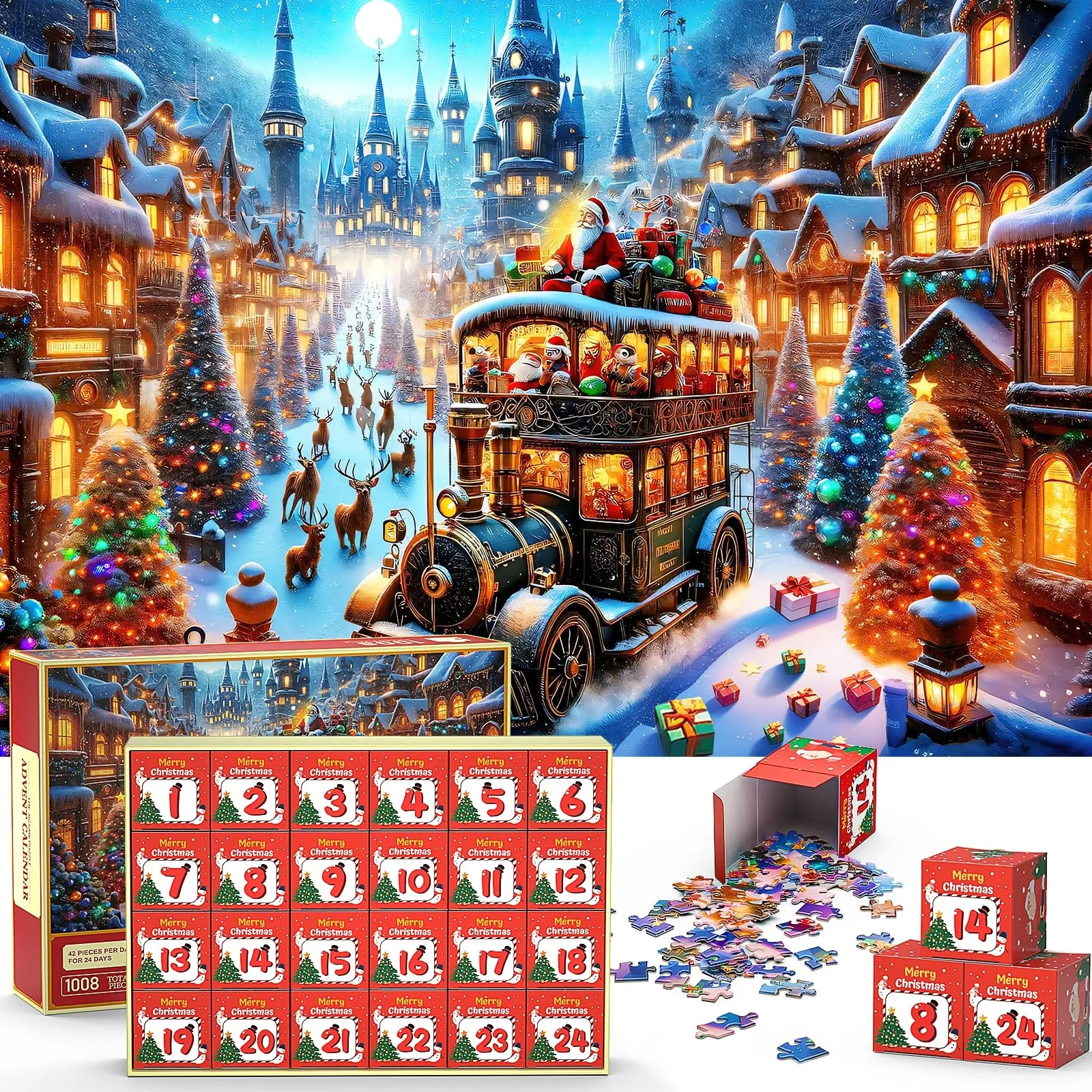 HEVEL Christmas Advent Calendar Puzzle 2024, 24 Days Christmas Countdown Calendar 1008 Piece Fun Jigsaw Puzzles, Santa Claus Holiday Decoration Gifts For Kids & Adults