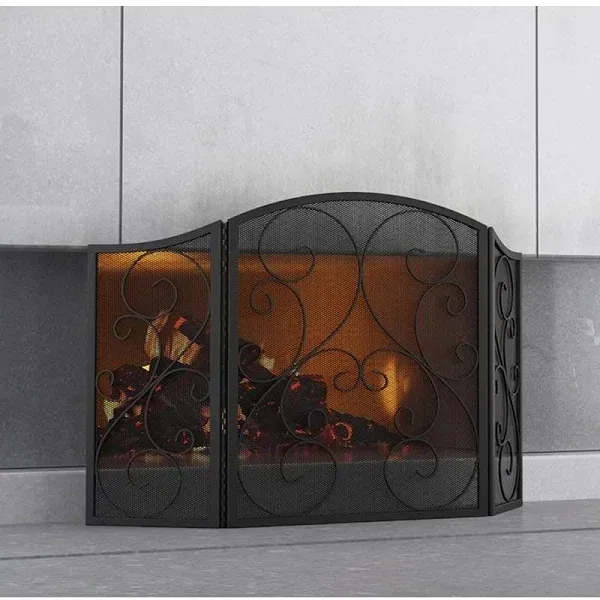 Elegant 3-Panel Wrought Iron Fireplace Screen - Brushed Copper 48&#034;L x 30&#034;H