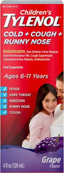 Children's TYLENOL Cold + Cough + Runny Nose Oral Suspension, Grape, 4 Fl. Oz