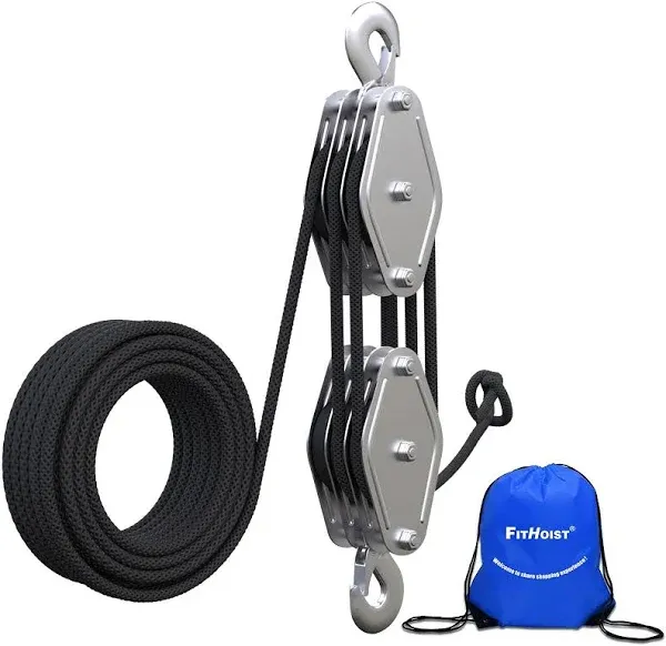 FITHOIST Block and Tackle 1100 lbs, 2200 lbs Breaking Strength Heavy Duty Pulley, 50 ft Rope Pulley, 5:1 Lifting Power Pulley System, Pulley Hoist