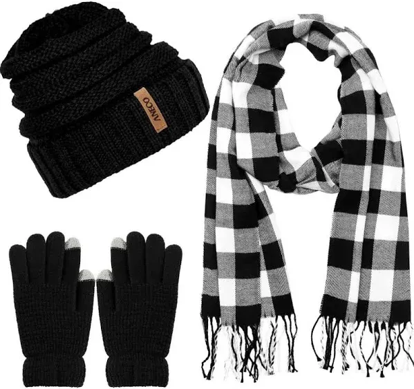 Aneco Winter Warm Knitted Scarf Beanie Hat and Gloves Set Men & Women's Soft Stretch Hat Scarf and Mitten Set