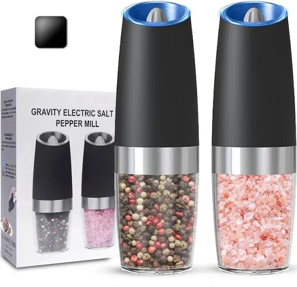 Gravity Electric Salt and Pepper Grinder set of 2, Automatic Salt And Pepper Grinder Set, Adjustable Roughness, Battery Powered, LED Light, 2 Pack Set, (Black)