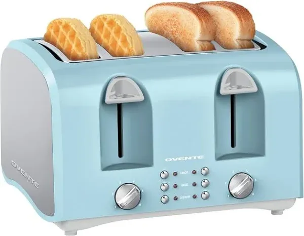 OVENTE 4-Slice Toaster with Extra Wide Slots, 6-Shade Browning Setting, Cancel, Defrost and Reheat Function, 1400W Countertop Toaster, Easy to Clean with Removable Crumb Tray, Light Blue TS4410LBL